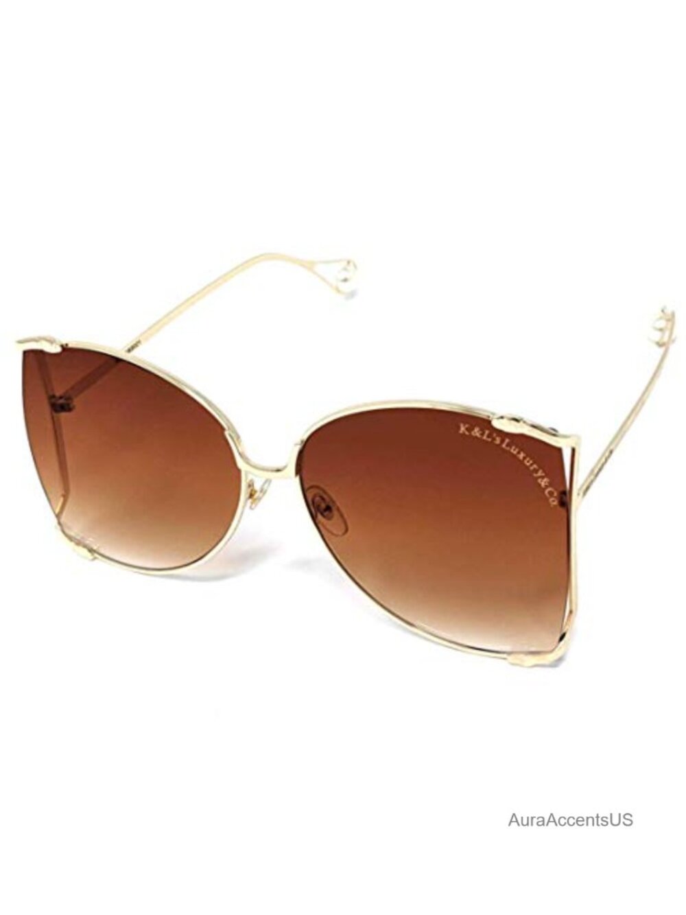 Gold Metal Semi Rimless Cat Eye Sunglasses with Pearls Gradient Lens